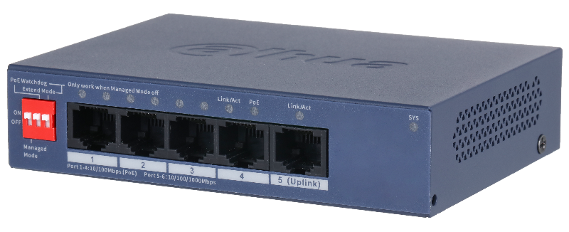 4-портовый PoE коммутатор с функцией облачного управления, Порты: 4 RJ45 10/100Мбит/с (PoE/PoE+), 1 RJ45 10/100/1000Мбит/с (uplink); мощность PoE: порт порты 1~4 до 30Вт, суммарно до 40Вт; питание: 53В(DC);