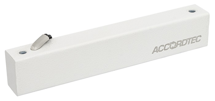 Электромагнитный влагозащищенный замок IP67, 12V DC, 0,4 A, усилие 100 кг, 180x33x23 мм. Масса 600 г, уголок в комплекте. -40°С…+40°С, Цвет белый.