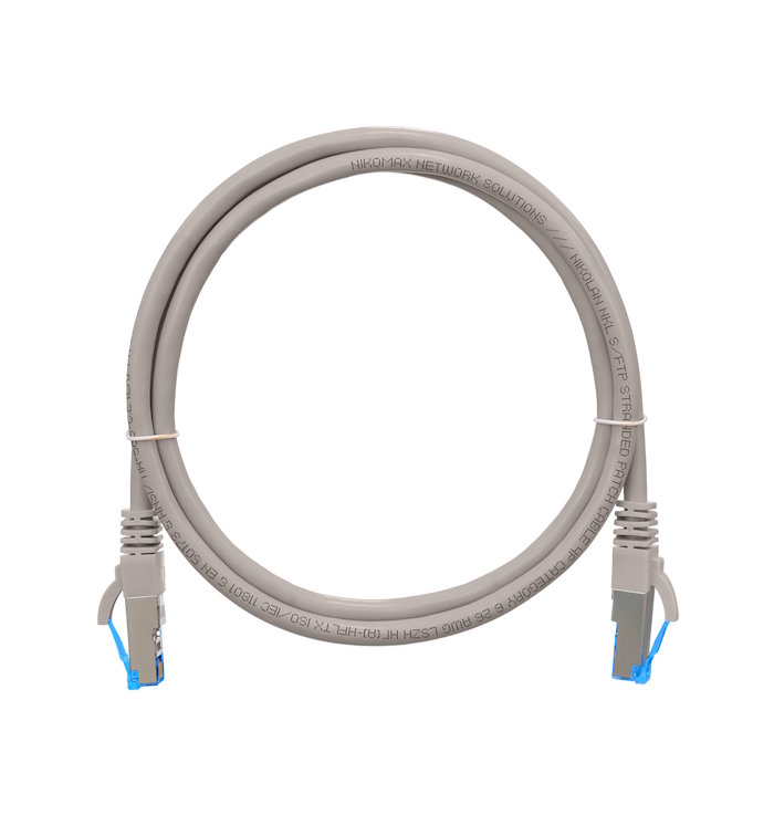 Коммутационный шнур S/FTP 4 пары, Кат.6 (Класс E), 250МГц, 2хRJ45/8P8C, T568B, заливной, с защитой защелки, многожильный, BC (чистая медь), 26AWG (7х0,165мм), PVC нг(А), серый, 1,5м