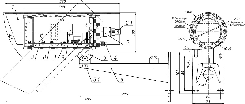 Термокожух взрывозащищенный для видеокамеры. Класс взрывозащиты 1Ex db IIC T6 Gb X / Ex tb IIIC T80°C Db X. Степень защиты IP66/IP68. Рабочий объем 50х50х131 мм. Габариты, мм: Lнар. 280, øнар. 95. Питание термокожуха по стандарту IEEE 802.3at (PoE+) (30Вт). Питание видеокамеры 12В DC, 4Вт. Питание для дополнительного оборудования 12V, 10Вт. Мощность обогрева до хол. запуска/после хол. запуска 9,4/6,6 Вт. Диапазон рабочих температур -60° ÷ +50°C.