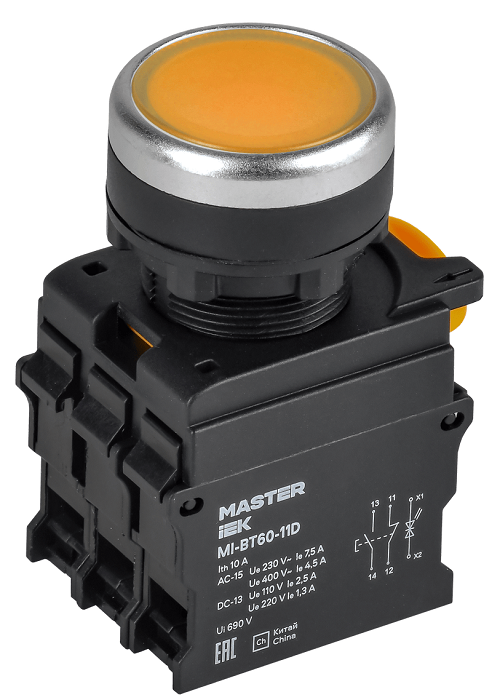 Кнопка с подсветкой d=22мм 1NO+1NC жёлтая MASTER IEK