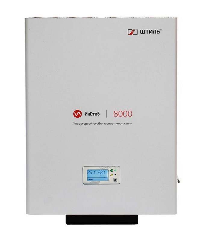 Стабилизатор переменного напряжения инверторный (с двойным преобразованием) однофазный, чистая синусоида; P-нагр.8 кВА/7.2 кВт, U-вх.90…310В, U-вых.220…230 (с шагом 1В), I-вых.36 А; IP20, t-раб.+5…+40°C, 370х498х101 мм