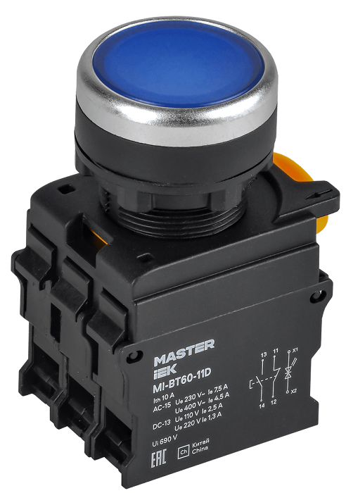 Кнопка с подсветкой d=22мм 1NO+1NC синяя MASTER IEK