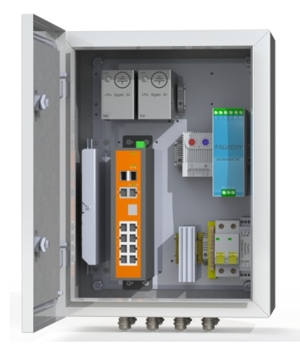 Коммутационный термошкаф: промышленный неуправляемый коммутатор 8хRJ45 10/100/1000 Мб/с PoE 802.3 af/at watchdog, 2 порта IEEE 802.3af/at/bt, 2 порта IEEE 802.3af/at+Passive PoE 24В, 2хSFP комбо порта 1000 Мб/с, бюджет PoE 230 Вт, поддержка передачи PoE до 250м,блок питания 240Вт/48-58 В, обогреватель 50Вт, сдвоенный термостат, оптический кросс 4 порта SC, гермовводы 4хPG9, 4хPG13.5, автомат 6А, цвет серый, 230 В AC, 290Вт, IP66, -60°С... +50°С, 300х400х210 мм.