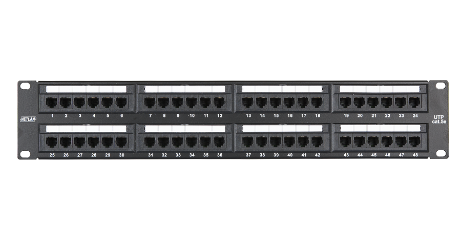 Коммутационная панель 19", 2U, 48 портов, Кат.5e (Класс D), 100МГц, RJ45/8P8C, 110/KRONE, T568A/B, неэкранированная, черная