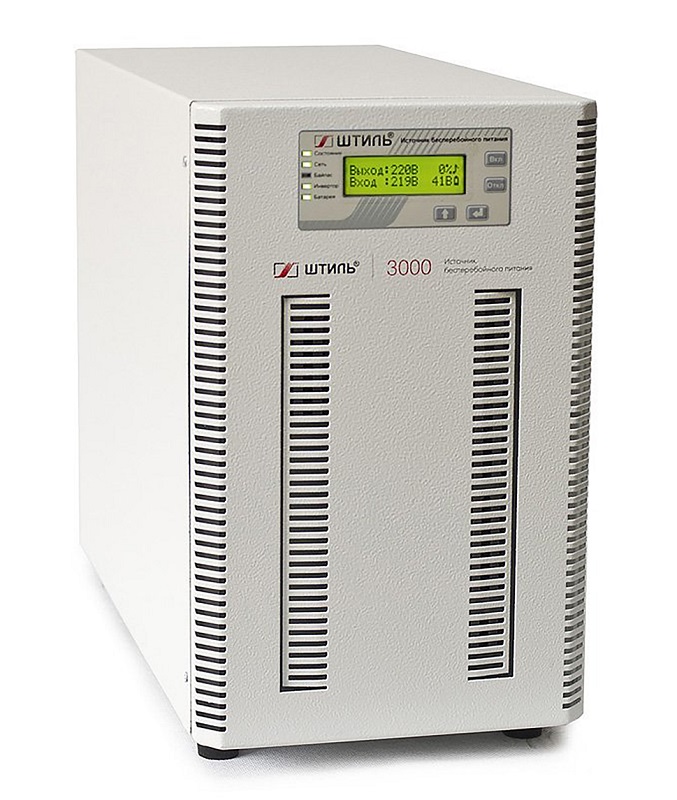Источник бесперебойного питания напольный, on-line (с двойным преобразованием), чистая синусоида, 3000 ВA (2700 Вт); U-вх.220 В; под внешние аккумуляторы, U-акб.96 В, I-заряд.2 А; ЖК-дисплей; выходные разъёмы - IEC-320-C13 (3 шт.), EURO F-type с заземлением (2 шт.), IEC-320-C19 (1 шт.); холодный старт, совместим с генератором; IP20, t-раб.+5...+40°C, 346х210х443 мм