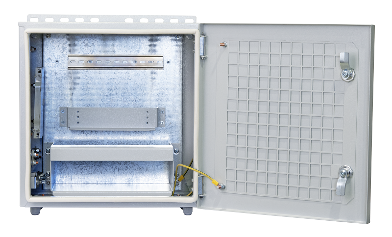 Электротехнический настенный шкаф 400х400х250, металлический щит с монтажной панелью, IP66, DIN-рейка, кронштейн крепления блока питания, площадка под ИБП,  пустой (без ИБП, без БП, без коммутатора, без розетки и автомата, без полки), герметичные кабельные вводы,  цельносварной, серый