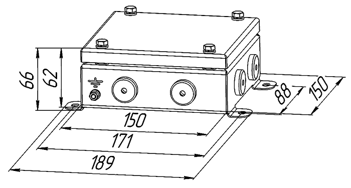 Коробка монтажная общепромышленные, оцинкованная сталь 1,2мм, IP66, 150х150х62 мм, 8 вводов, диаметр присоединяемого кабеля: М20 (8-13), (Р) - резиновый ввод