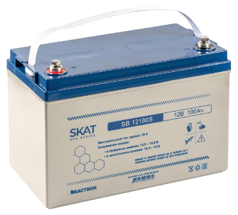 Свинцово-кислотный аккумулятор 100 А/ч, 12В, 329х172х217мм. Вес 29 кг. Срок службы 12 лет.