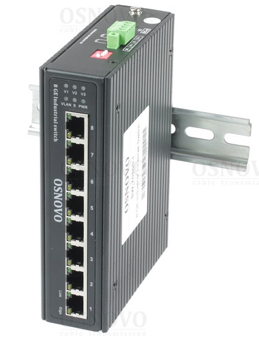 Промышленный коммутатор Gigabit Ethernet на 8GE RJ45 портов. Порты: 8 x GE (10/100/1000Base-T). Встроенная грозозащита 6кВ. Питание: 3 x входа DC12-57V(6W). БП в комплект НЕ входит. Монтаж на DIN-рейку или на стену (крепление в комплекте). Поддержка режима CCTV: Увеличение расстояния передачи данных до 250м, изоляция портов (VLAN). 45х160х130мм. Вес: 1кг.  -40…+80°С.