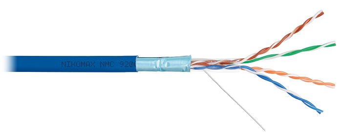 Кабель F/UTP 4 пары, Кат.5e (Класс D), тест по ISO/IEC, 100МГц, одножильный, BC (чистая медь), 24AWG (0,52мм), полимерный материал нг(А)-HF, внутренний, синий, 305м