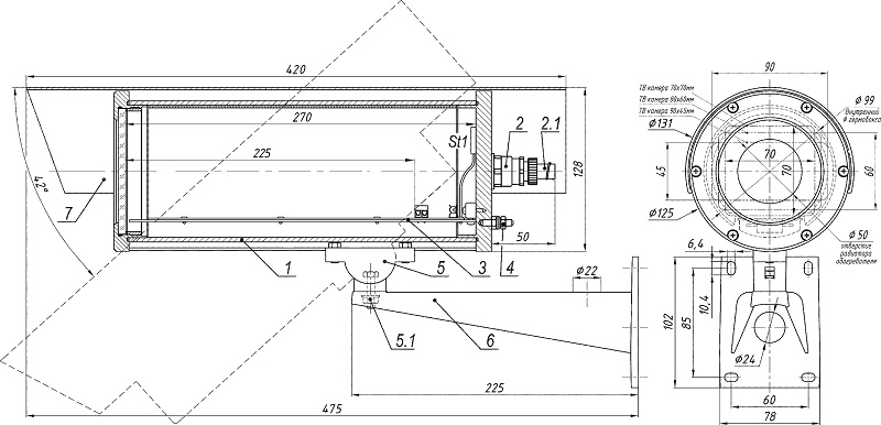 Термокожух взрывозащищенный без обогрева для видеокамеры. Класс взрывозащиты 1Ex db IIC T6 Gb X / Ex tb IIIC T80°C Db X. Степень защиты IP66/IP68. Рабочий объем 70х70х280 мм. Габариты, мм: Lнар. 420, øнар. 131. Напряжение питания термокожуха 250VAC max или 110VDC max. Диапазон рабочих температур -60° ÷ +50°C. 
