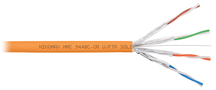 Кабель U/FTP 4 пары, Кат.6 (Класс E), тест по ISO/IEC, 250МГц, одножильный, BC (чистая медь), 23AWG (0,57мм), полимерный материал нг(А)-HF, внутренний, оранжевый, 305м