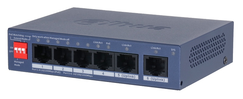 4-портовый PoE коммутатор с функцией облачного управления, Порты: 4 RJ45 10/100Мбит/с (PoE/PoE+), 2 RJ45 10/100/1000Мбит/с (uplink); мощность PoE: порты 1~4 до 30Вт, суммарно до 40 Вт; питание: 53В(DC)