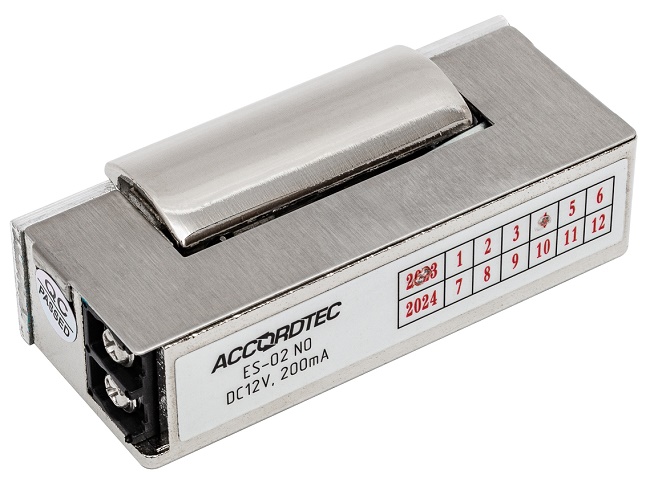 Электрозащелка, НО (открыта без подачи питания) ,12В, потребление 250мА,  75x20,5x34 мм, от -20 до +50 °С. Поставляется без планки.