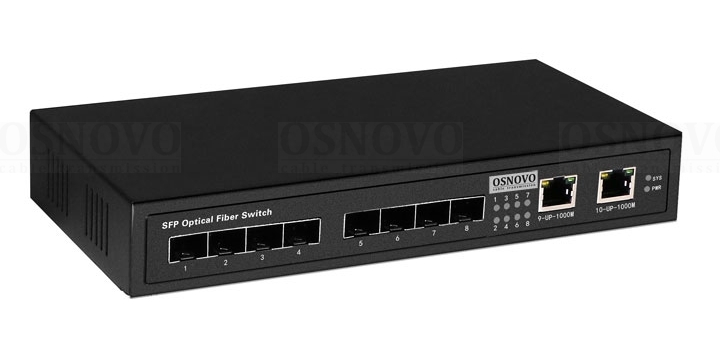 Коммутатор Gigabit Ethernet на 8 SFP + 2 RJ45 портов.&nbsp;&nbsp;Порты: 8 x GE SFP (1000Base-FX), 2 x GE (10/100/1000Base-T). БП DC12V (0,5A). 225 х 35 х 105мм. -10…+55°С.