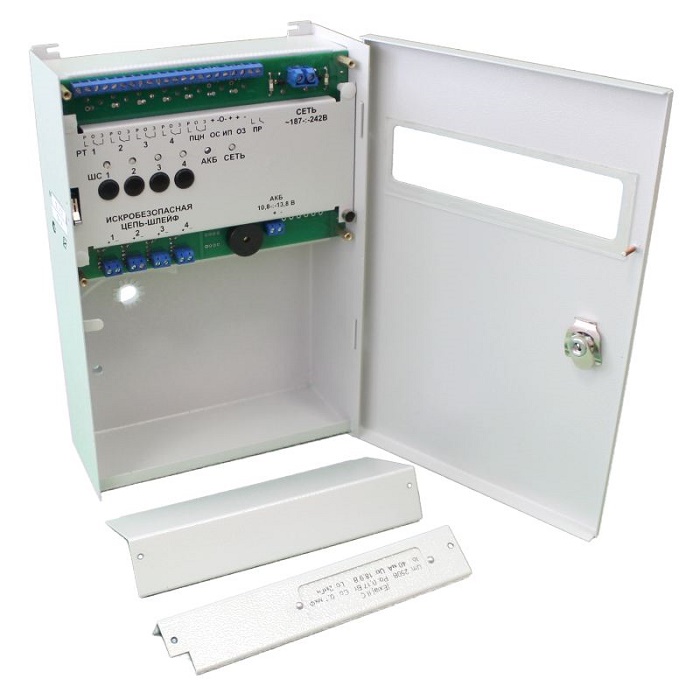 Взрывозащищенный приемно-контрольный прибор 4 шлейфа с контролем целостности цепи, пожарной и охранной сигнализации&nbsp;&nbsp;для взрывоопасных объектов, с поадресным включением средств пожаротушения и&nbsp;&nbsp;дымоудаления, РИП от АКБ 12В/7А/ч.
