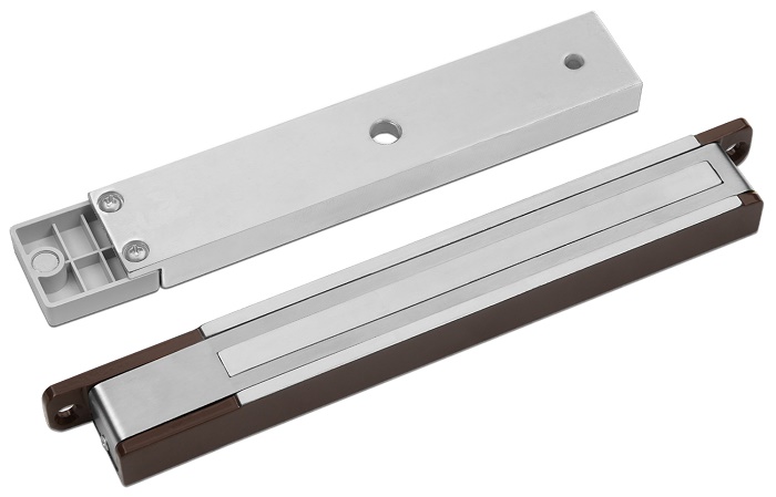 Замок электромагнитный, с датчиком Холла, герконом и индикацией, 200 кг удержания, 12 В/0,35 А, 230х30х19,5 мм, IP20, -20...+40, коричневый