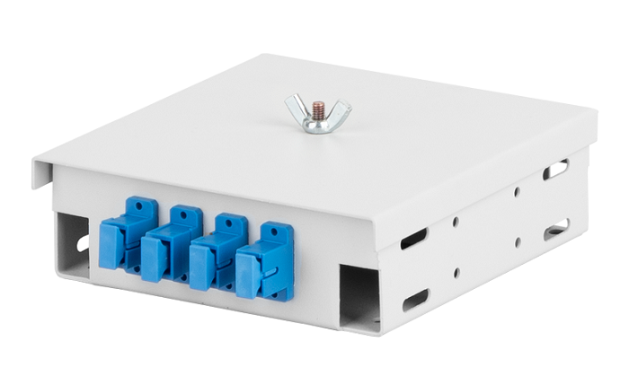 Оптический кросс Essential Line, настенный, укомплектованный на 4 порта SC/UPC (4 одинарных SC/UPC адаптера), SM 9/125 OS2, стальной, серый, в комплекте: адаптеры, монтажные шнуры 1м, ложемент, гильзы