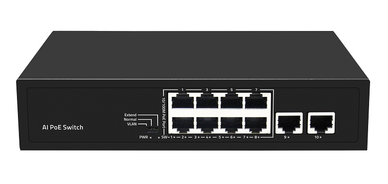 Неуправляемый коммутатор, 8 RJ-45 POE портов (10/100 Мбит/с), 2 RJ-45 Uplink порта (1000 Мбит/с), бюджет на порт до 30 Вт, общий бюджет до 120 Вт.