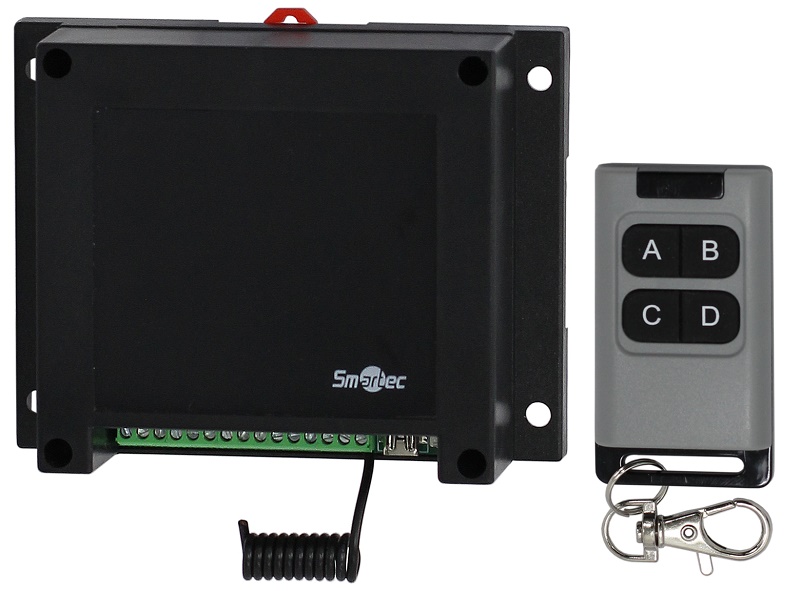 Комплект управления по радиоканалу с динамическим кодом (приемник + брелок), программируемый контроллер, память до 250 брелоков, 4 реле НЗ/НР, триггерный, следящий и импульсный режимы, частота 433 МГц, 12 В DC / 24 В DC, 180 мА / 90 мА.