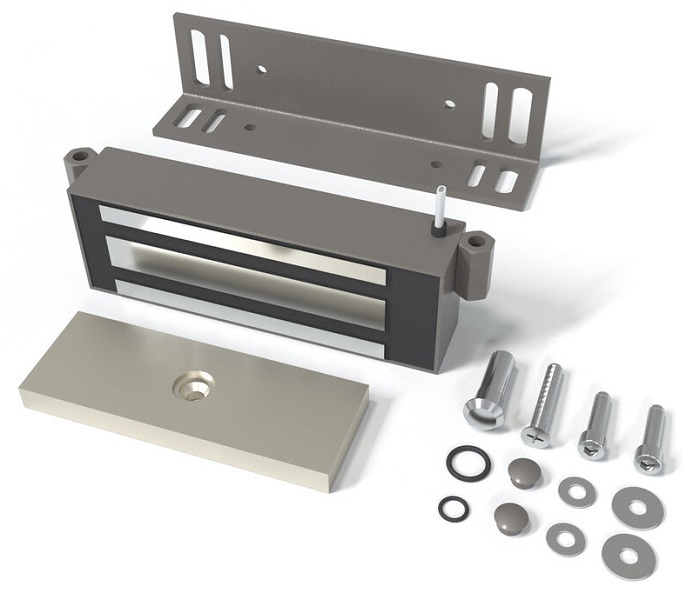 Замок электромагнитный для стальных дверей со стальной рамой, 9-15VDC, 7,2 Вт, усилие удержания 300кг, встроенный модуль перемагничивания, монтажный комплект, угольник 40х50х4мм. Корпус из стали. Цвета: каменно-серый