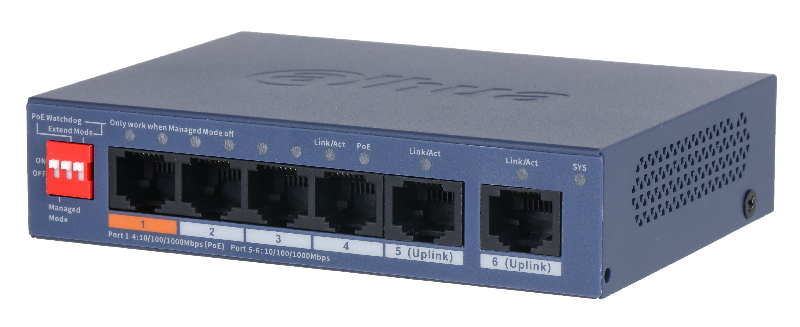 4-портовый гигабитный PoE коммутатор с функцией облачного управления Порты: 4 RJ45 10/100/1000Мбит/с (PoE/PoE+/Hi-PoE), 2 RJ45 10/100/1000Мбит/с (uplink); мощность PoE: порт 1 до 60Вт, порты 2~4 до 30Вт, суммарно до 60Вт; PoE watchdog, передача до 250м; питание: 53В(DC)