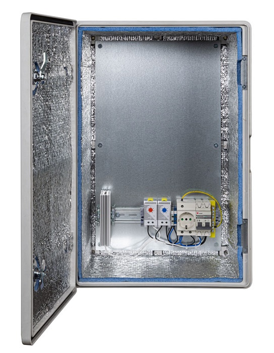 Композитный климатический с предстартом монтажный шкаф 405х587х260/ 340х540х210мм, -55°С +50°С, SMC композит, IP66, IK10, Комплектация: утеплитель из Порилекса, замок 2 шт,ключ 1 шт, монтажная плата 1шт, гермовводы 2шт, розетка 1 шт, автоматический выключатель 1шт, термореле 1шт,нагреватель мощностью в 75 Вт 1шт. Вес: 10.1 кг.