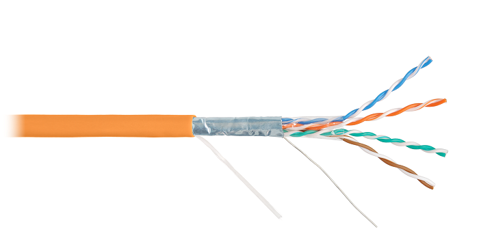 Кабель F/UTP 4 пары, Кат.5e (Класс D), тест по ISO/IEC, 100МГц, одножильный, BC (чистая медь), 24AWG (0,49мм), внутренний, LSZH нг(А)-HFLTx, оранжевый, 305м 