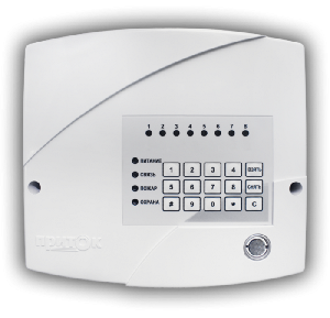 Прибор работа с ретрансляторами Приток-А, Приток-А-Ф, Приток-А-Ю, 3 шл ОПС, 1 шл.ТС, 1 раздел, общее или с пропуском 2 или 3-го шл. взятие/снятие, тактика выносного индикатора "квартира"/"объект", встроенная клавиатура, подключение дополнительной клавиатуры, аккумулятор 2,2 А*ч