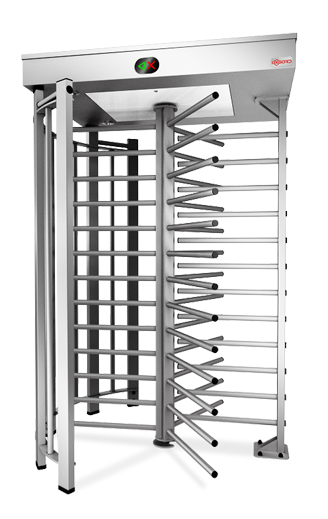 Моторизованный полноростовой турникет, корпус из нержавеющей стали; Яркое светодиодное табло; Пульт д/у (металлический корпус) с кабелем