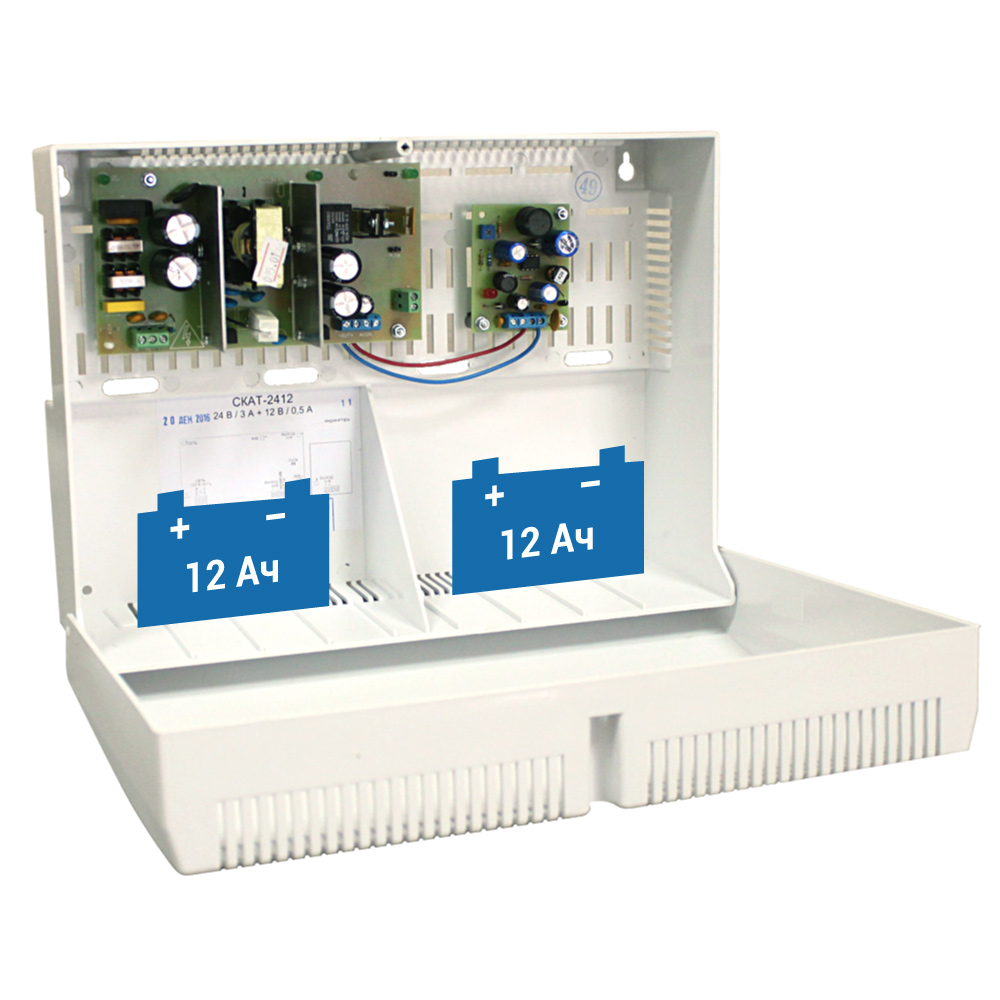 Блок беспереб. питания 24В/2,5А, 12В/0,5А, кратковременно и в режиме резерва до 3А, корпус под 2 шт. АКБ 7-12Ач