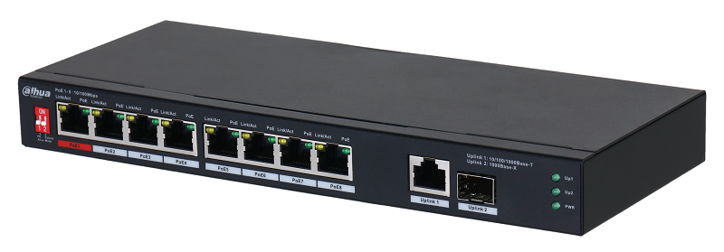 8-портовый неуправляемый коммутатор с РОЕ, Порты: 8 RJ45 10/100Мбит/с (PoE/PoE+/Hi-PoE/IEEE 802.3bt), 1 RJ45 10/100/1000Мбит/с (uplink), 1 SFP 1000Мбит/с (uplink); мощность PoE: порты 1 до 90Вт, порты 2~8 до 30Вт, суммарно до 96Вт; PoE watchdog, передача до 250м; питание: 48~57В(DC); грозозащита: до 6кВ;