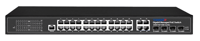 Управляемый коммутатор с 24 PoE портами (10/100/1000Base-TX PoE port) и 4 COMBO портами; стандарты PoE EEE802.3af, EEE802.3at, EEE802.3bt максимальная мощность на порт 60Вт, общая - 400 Вт. Максимальная потребляемая мощность 400 Вт. Молниезащита, IP30. Рабочая температура: -20...+55ºС. Габариты: 440x290x45.