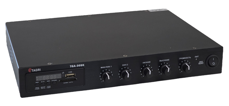 Микшер усилитель 220 В AC/24 В DC, 30 Вт, 1 линия трансляции 4-16/ Ом/70в/100в, 2 линейный входа,подключение 1 микрофона, 1 линейный выход, воспроизведение с SD/USB/FM, защита от КЗ.