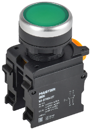 Кнопка с фиксацией d=22мм 1NO+1NC зелёная MASTER IEK