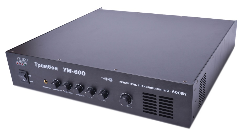 Тромбон-УМ-600 - Усилитель средней мощности, основное питание от сети - 230 В 50 Гц, резервное питание =24В, номинальная выходная мощность 600 Вт, входов 4, выходное напряжение 30, 70, 100, 120 В, диапазон частот - 100-18000 Гц, 438х430х88 (2U) мм, 23кг Усилитель средней мощности, основное питание от сети - 230 В 50 Гц, резервное питание =24В, номинальная выходная мощность 600 Вт, входов 4, выходное напряжение 30, 70, 100, 120 В, диапазон частот - 100-18000 Гц, 438х430х88 (2U) мм, 23кг