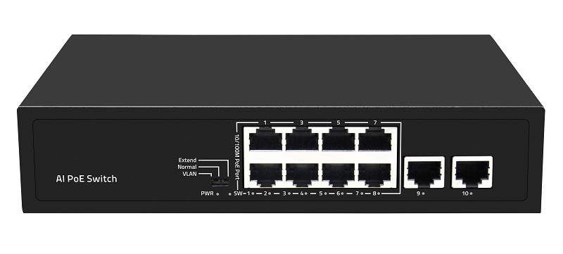 Неуправляемый коммутатор, 8 RJ-45 POE портов (10/100 Мбит/с), 2 RJ-45 Uplink порта (10/100 Мбит/с), бюджет на порт до 30 Вт, общий бюджет до 120 Вт.