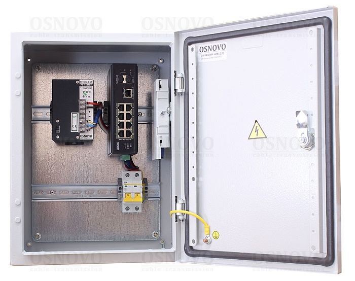 Уличный коммутатор на базе уличной станции OSNOVO OS-341. Порты: 6 x FE (10/100Base-T) с PoE (до 30W) + 2 x FE (10/100Base-T) с PoE (до 60W) + 1 x GE (10/100/1000Base-T) + 2 x GE SFP (1000Base-X). Суммарный бюджет PoE до 240W. 