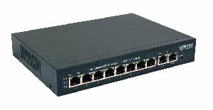 PoE коммутатор Fast Ethernet на 10 RJ45 портов. Порты: 8 x FE (10/100 Base-T) с PoE (IEEE 802.3af/at), 2 x GE (10/100/1000 Base-T). Мощность PoE на порт - до 30W. Суммарно до 115W. до 250м, изоляция портов (VLAN). Встроенная грозозащита 6кВ. AC100-240V (123W). 210x35x150мм. -10...+55 гр. С.