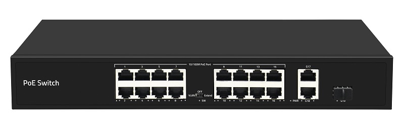 Неуправляемый коммутатор, 16 RJ-45 POE портов (10/100 Мбит/с), 2 RJ-45 Uplink порта (1000 Мбит/с), 1 SFP порт (1000 Мбит/с), бюджет на порт до 30 Вт, общий бюджет до 300 Вт.