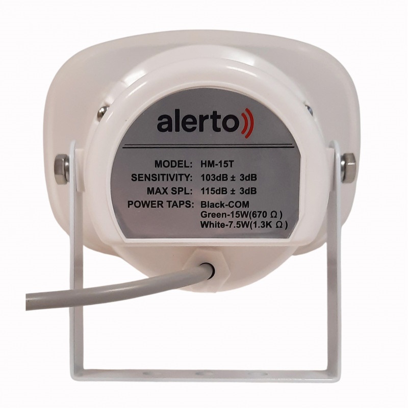 Рупорный всепогодный трансляционный громкоговоритель. 100В. Подводимая мощность 15/7,5 Вт. Материал корпуса АВС пластик. IP 66. Металлический кронштейн