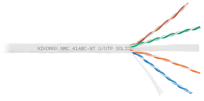 Кабель U/UTP 4 пары, Кат.6 (Класс E), тест по ISO/IEC, 250МГц, одножильный, BC (чистая медь), 23AWG (0,55мм), полимерный материал нг(А)-HF, внутренний, белый, 305м