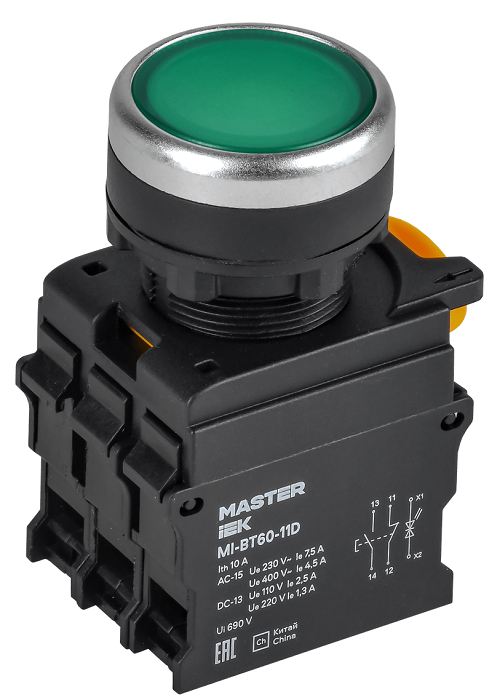 Кнопка с подсветкой d=22мм 1NO+1NC зелёная MASTER IEK