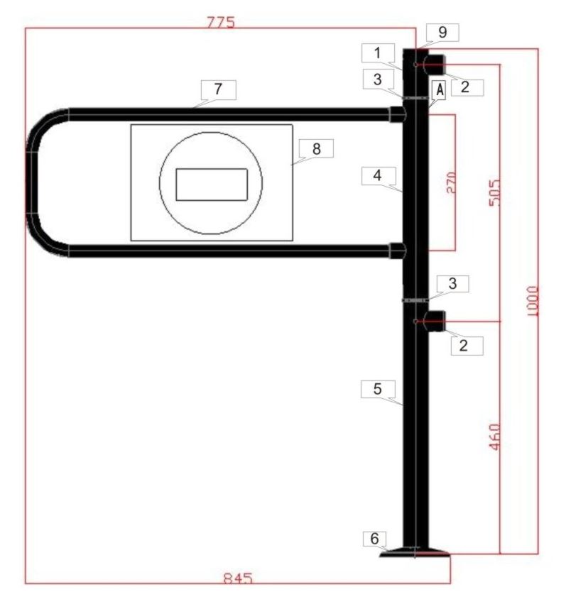 Калитка (левая, хром, Н=1000, В=770, 2 муфты под трубу 25мм, антивандальная, с механизмом регулировки положения рамки)