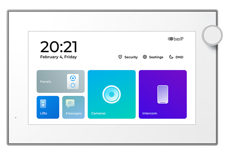 7-дюймовый IP-видеомонитор для помещений с возможностью горизонтального и вертикального монтажа, возможностью управления лифтом, отображением сообщений от управляющей компании, PoE, подключением 8 камер, памятью для фотографий/видео и автоответчиком. Linux. 95x127x27 мм
