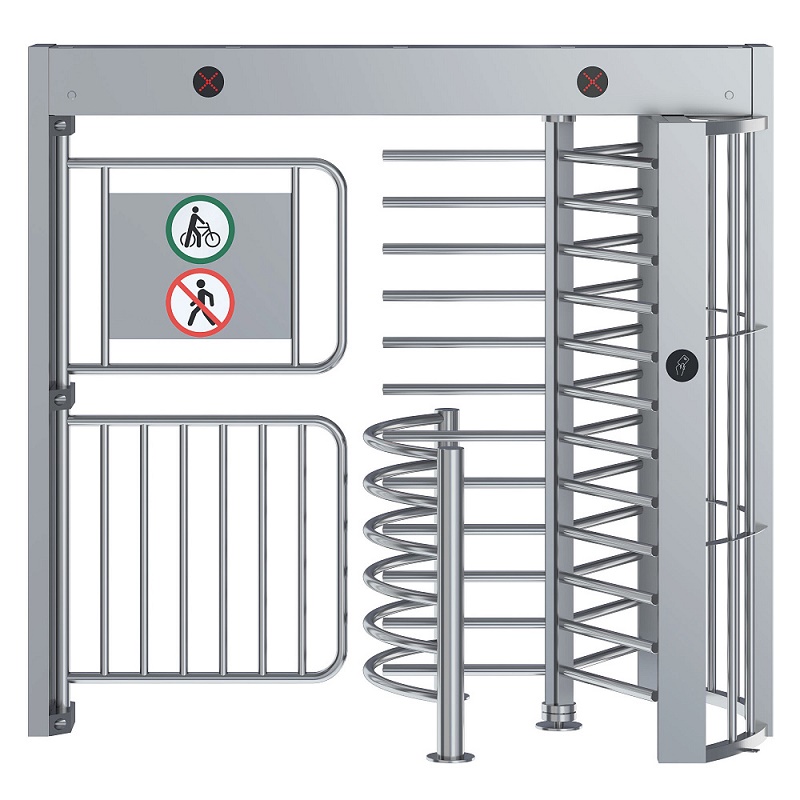 Полноростовой турникет серии СПЕКТР Z, Габариты: 2600*1304*2334мм (одна створка поворотная, вторая распашная), Материал: 304 Нержавеющая сталь, толщина 1.2/1.5мм, Время разблокировки: 0.2c, Пропускная способность: 35чел/м, Ширина прохода:1001+600мм (велосипед+пешеход)