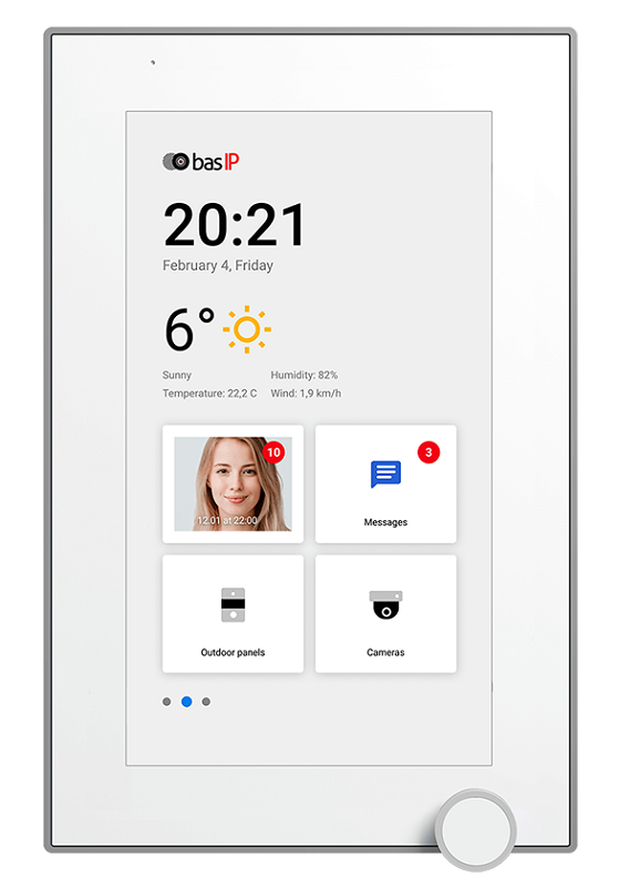 7-дюймовый IP-видеомонитор для помещений с возможностью горизонтального и вертикального монтажа, возможностью управления лифтом, отображением сообщений от управляющей компании, PoE, подключением 32 камер, памятью для фотографий/видео и голосовой почтой. Android. 195x127x27 мм. Корпус: пластик, стекло.