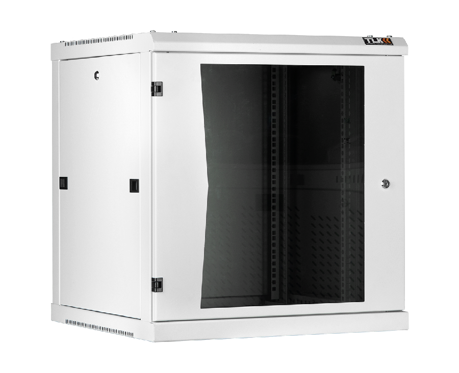 Настенный разборный шкаф 19", 12U, стеклянная дверь, Ш600хВ636хГ450мм, 2 пары монтажных направляющих, серый