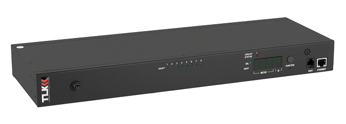 Блок&nbsp;&nbsp;контролируемых электрических розеток TLK, SW - Switched, (включение и отключение каждой розетки, измерение общего потребления и отправка показаний через LAN), 19", 8 розеток C13, макс. нагрузка 16 А, шнур питания 3 м., вилка С20, цифровое измерение силы тока на входе, металлический корпус, Счетчик кВт*ч, макс. мощность 4000 Вт, 432*44,45*125 мм, цвет черный.